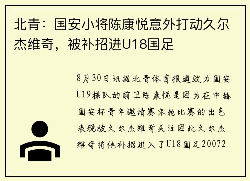 北青：国安小将陈康悦意外打动久尔杰维奇，被补招进U18国足