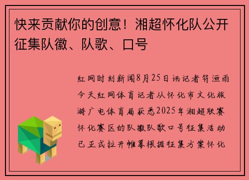 快来贡献你的创意！湘超怀化队公开征集队徽、队歌、口号